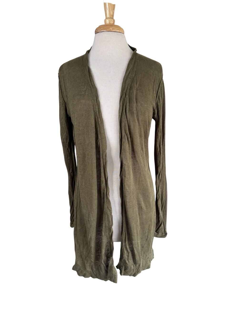 NHBT 100% Linen Long Line Open Cardigan Sweater in Olive Green Size Medium Women